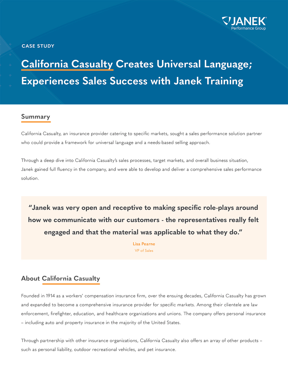 California Casualty Creates Universal Language; Experiences Sales Success with Janek Training