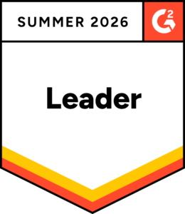G2 Summer 2026 Leader badge: white shield with 'SUMMER 2026', G2 logo, bold 'Leader' center, and yellow/orange chevrons at the bottom.