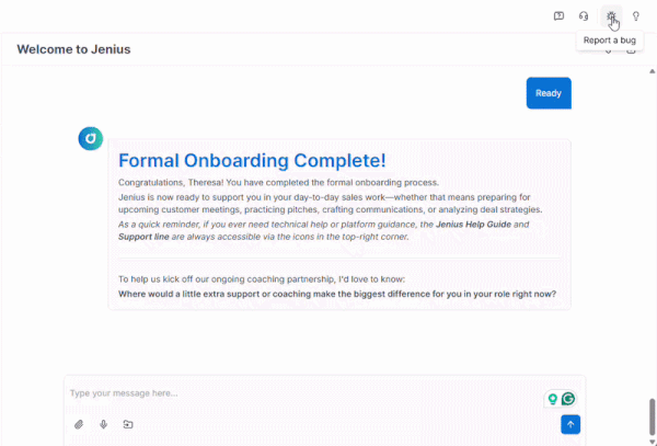 Animated gif of Jenius' Report a Bug and Register an Idea functions.
